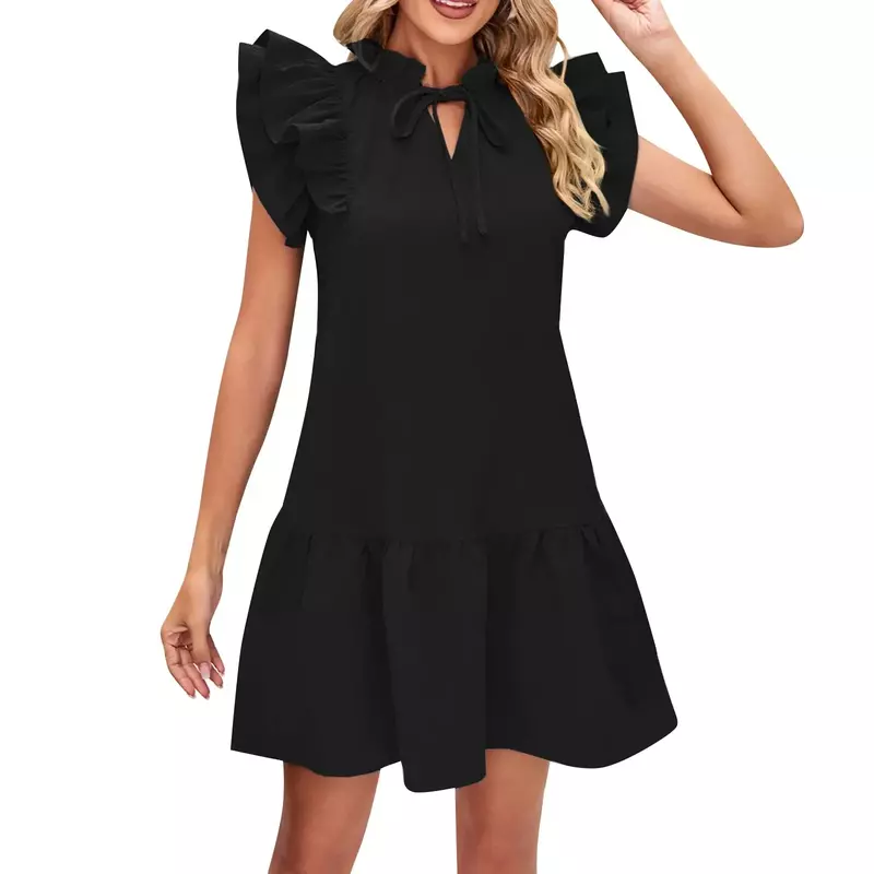 V-Neck Simple double Ruffle Cap Sleeves Simple And Exquisite Design Summer Tunic cusual Dress