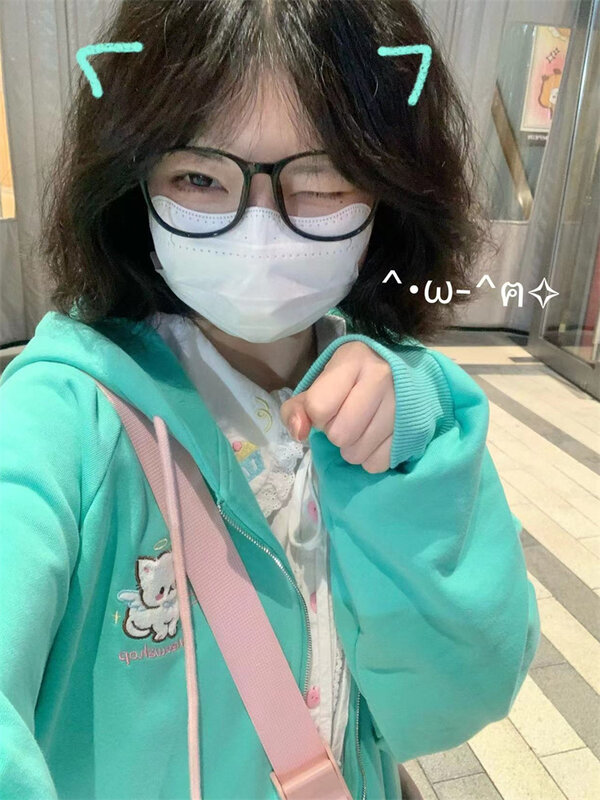 QWEEK Harajuku Kawaii Zip Up felpa con cappuccio donna Cat Ear Japanese Y2K Cute Hooded Jacket oversize Sweet Lolita Style felpe Girly