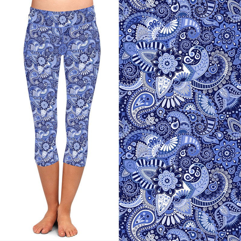 LETSFIND-pantalones de Cachemira con estampado Digital 3D para mujer, Leggings Capri elásticos de cintura alta con flores de anacardo, Fitness, suaves, novedad de verano