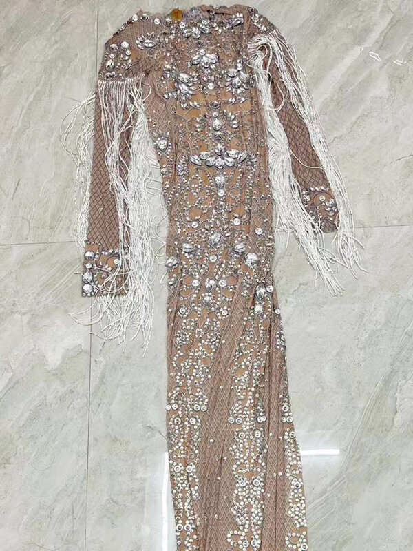 Robe transparente avec pompons en maille élastique pour femme, cristal de Rotterdam, tenue de soirée, Rhde promo, tenue de convocation, costume de scène photo