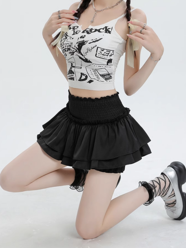 Kawaii Mini Skirt Shorts Women Cute Sexy Balletcore White Elastic High Waist Ruffle Patchwork Lolita Skirt Korean Skort