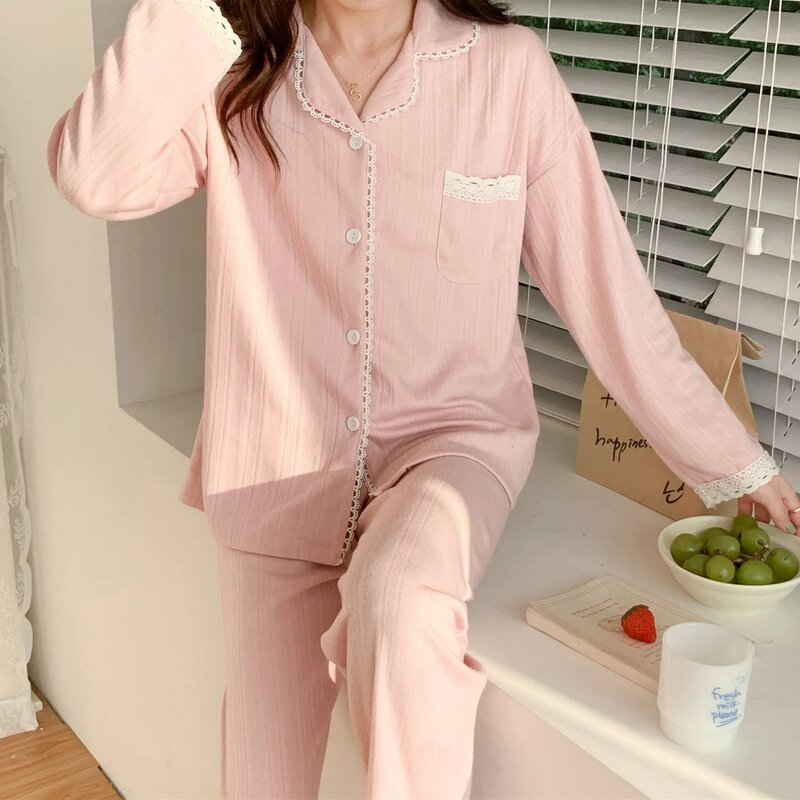 Pyjama en coton à manches longues pour femmes, pantalon en dentelle Simple et solide, peut être porté comme costume de ménage, nouvelle collection printemps et automne