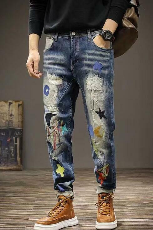 Celana Jeans pria elastisitas tinggi, celana panjang jins jalanan bordir pengemis pemuda
