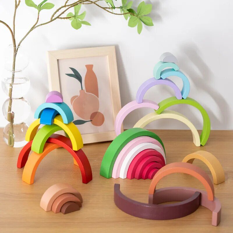 Bloques de arcoíris de madera para niños, juego de bloques de construcción de arcoíris creativos, juguetes educativos montessori