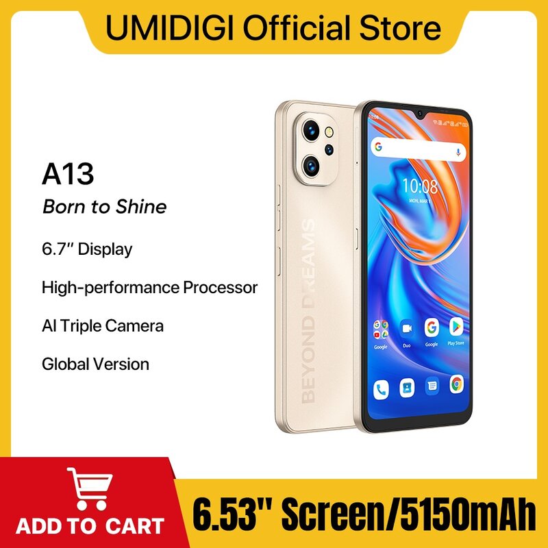 Смартфон в наличии UMIDIGI A13, Android, смартфон глобальная версия Unisoc T610, 4 Гб, 128 ГБ, камера 20 МП, дисплей 6,7 дюйма, сотовый телефон с аккумулятором 5150 мАч