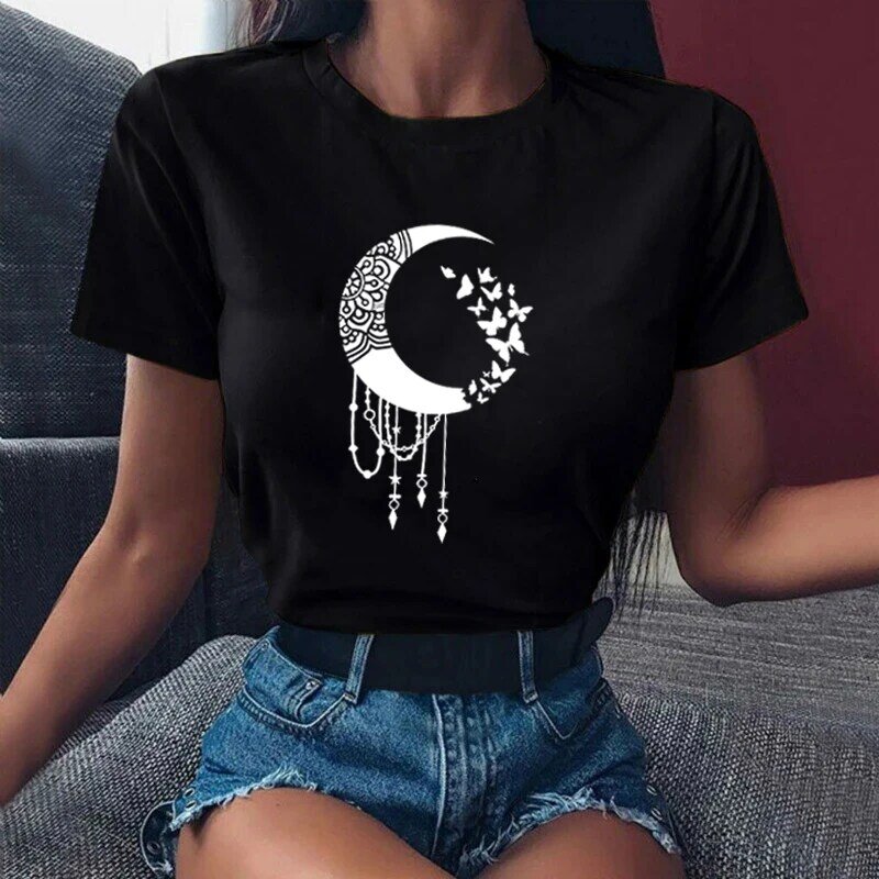 하라주쿠 재미있는 여성용 티셔츠, 만화 그래픽 프린트, 블랙 레이디 티셔츠, 캐주얼 여성 셔츠, 카와이 티셔츠