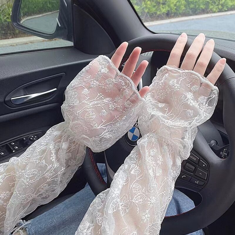 Lace Sunscreen Gloves para senhora, Hollow Out, Sun Protection, Thin Respirável, Mesh, Sunscreen, Running, 1 Par