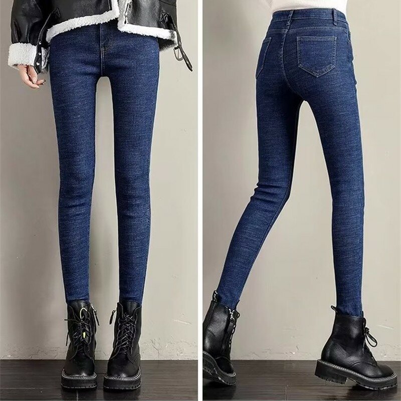 Calça jeans stretch de pelúcia térmica feminina, calça lápis, magro, grosso, velo, jeans, calças compridas, quente, neve, retro, senhora, inverno