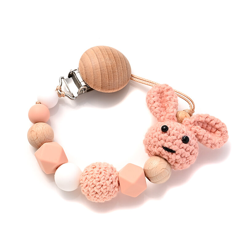 Bayi kayu klip dot kayu Crochet kelinci tumbuh gigi rantai penenang untuk BPA bebas menyusui mainan kunyah boneka bayi rantai pemegang