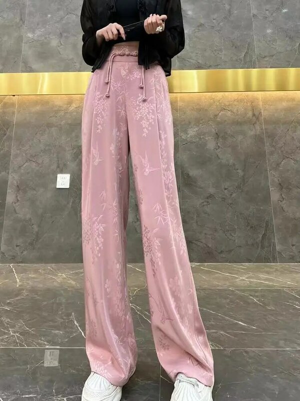Spring And Summer New Chinese Style Lady Fashion Retro Printed Pants Draping Wide Leg Pants Jacquard Women Daily Pants