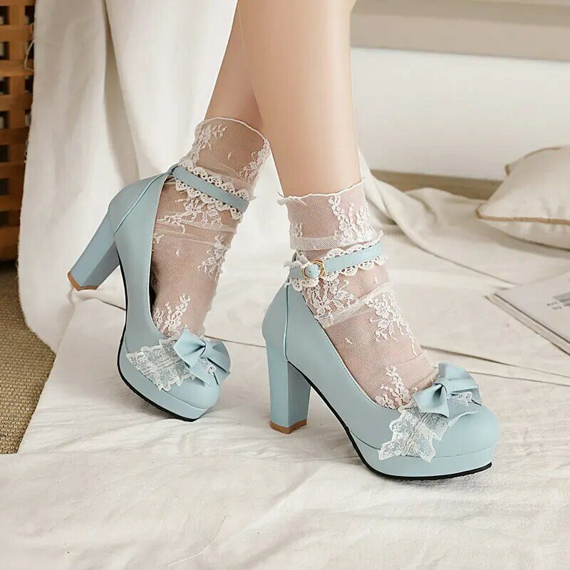 Dziewczęce buty na wysokim obcasie Lolita buty Mary jane Bowknot księżniczka Party Dress buty ślubne damskie buty na koturnach Plus rozmiar 30-43