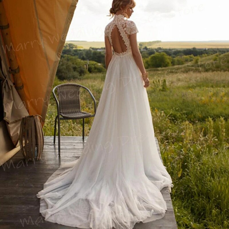 Платье женское свадебное ТРАПЕЦИЕВИДНОЕ с кружевной аппликацией и высоким воротником