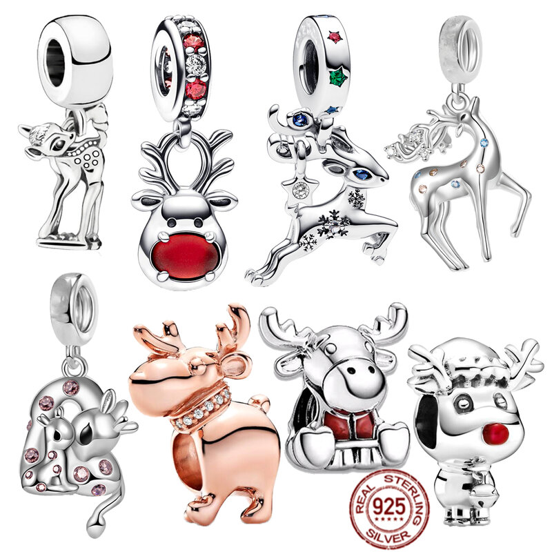 Hot Sale Red Nose Reindeer Dangle Sika Deer Charms Beads 925 Sterling Silver Fit Original Pandora Bracelet DIY Jewelry For Women