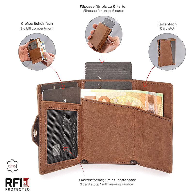 Pop-Up Kreditkarte Fall mit RFID Schutz Aus Echtem Leder Brieftasche mit Fach für Banknoten und Münzen für Männer und Frauen