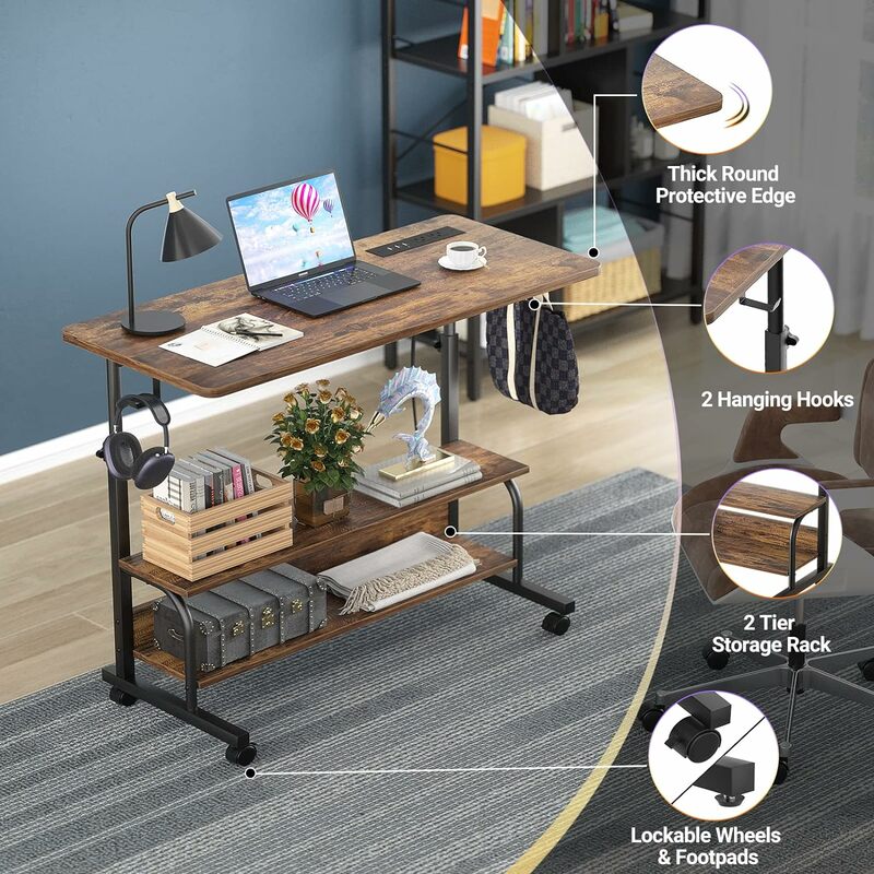 Meja berdiri 3 tingkat, meja berdiri bisa disesuaikan tinggi dengan Outlet daya dengan rak penyimpanan meja komputer bergulir untuk rumah kantor