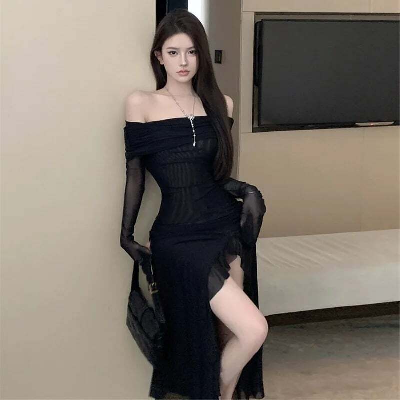 HOUZHOU damska czarna seksowna długa sukienka z odkrytymi ramionami elegancka nieregularne falbany z rozciętym suknie wieczorowe Bodycon gotycka koronkowa sukienka