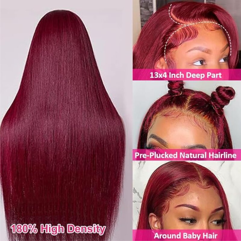 99j бордовые кружевные передние парики, человеческие волосы 13x6 HD, бесклеевые прямые передние парики на сетке, предварительно выщипанные Детские волосы