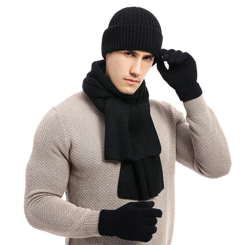 Conjunto de gorros y guantes para hombre, bufandas de lana de punto, bufandas de Color sólido, Otoño e Invierno