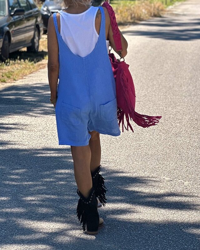 Macacão de linho de algodão sem mangas feminino, macacão diário de verão, nó costela, design de bolso, alça solta, streetwear folgado, 2021