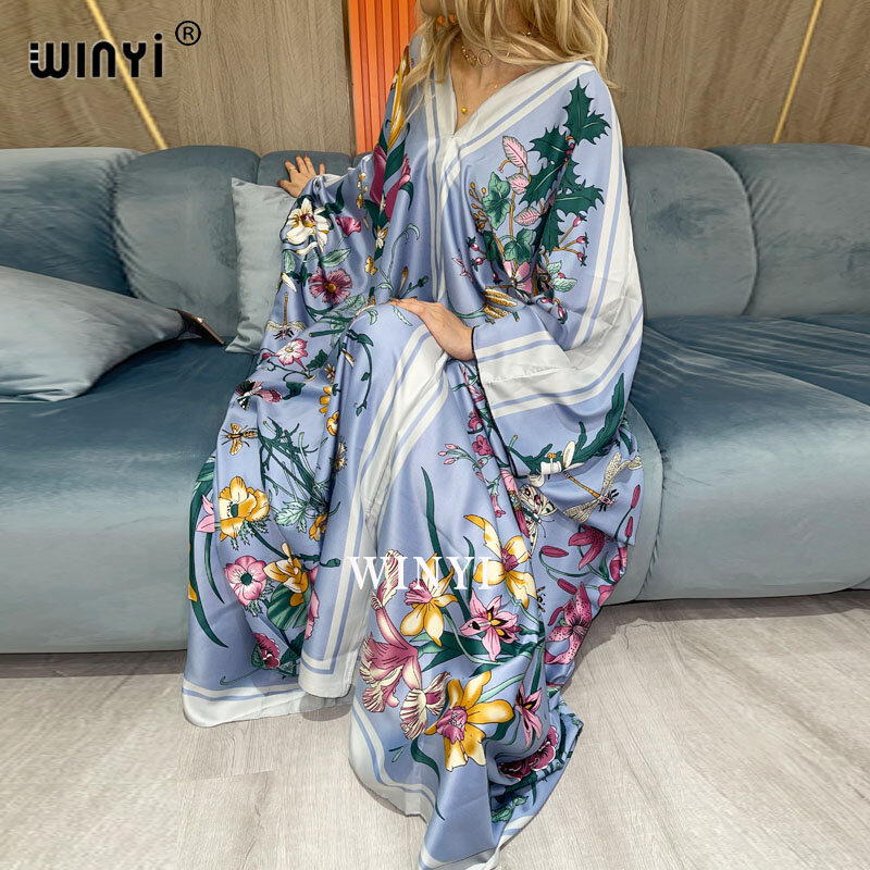 WINYI-Vestido largo de rayón con estampado tradicional para mujer, traje Dashiki africano, Abaya, vestido bohemio con cuello en V para playa