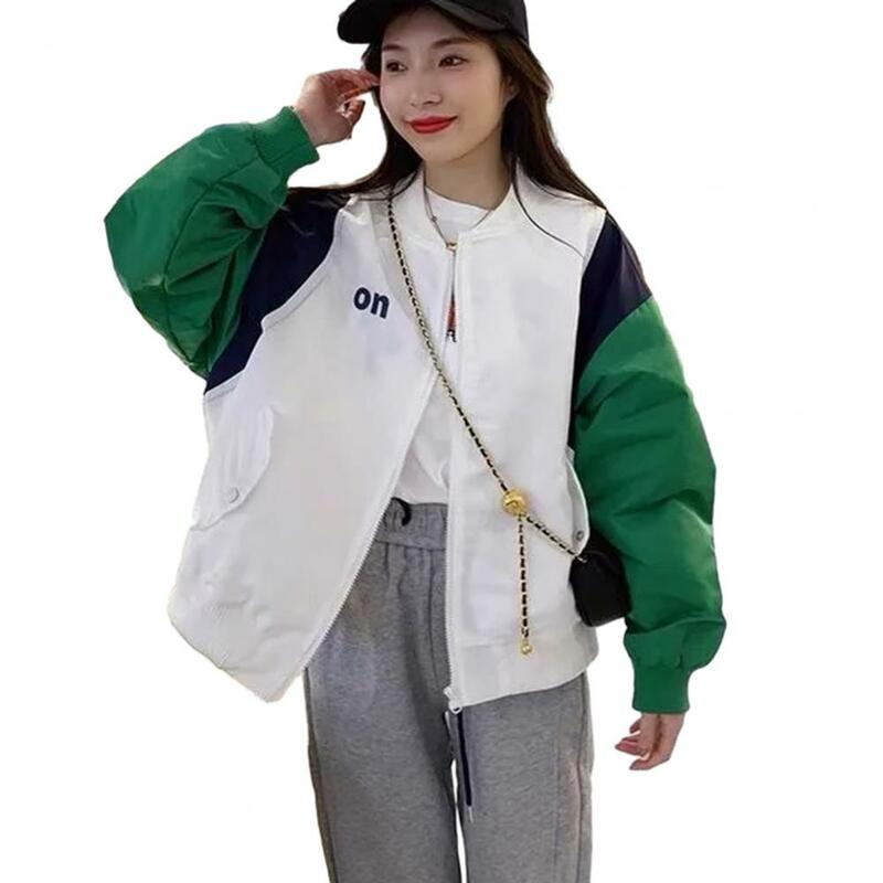 Women Coat Color Matching Zip Up Long Sleeves Elastic Cuff Stand Collar Loose Streetwear Lady Baseball Coat Sports Casual Jacket