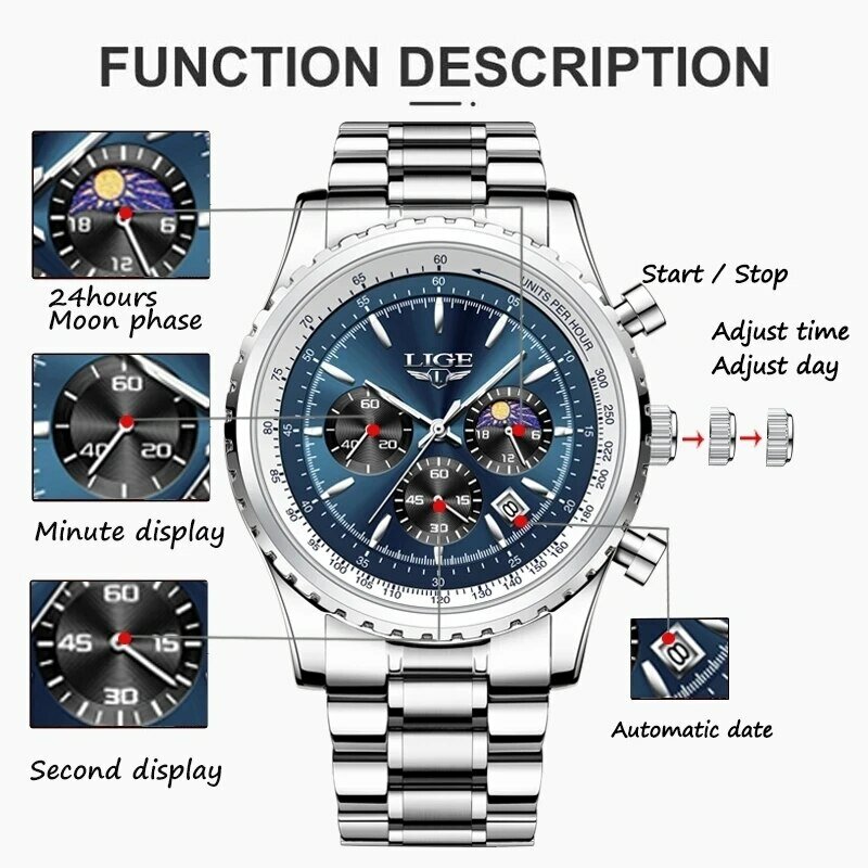 Lige นาฬิกา2024แบรนด์หรูใหม่สำหรับผู้ชาย, นาฬิกาควอตซ์นาฬิกากันน้ำเรืองแสงสำหรับผู้ชายวันที่โครโนกราฟนาฬิกาข้อมือกีฬา