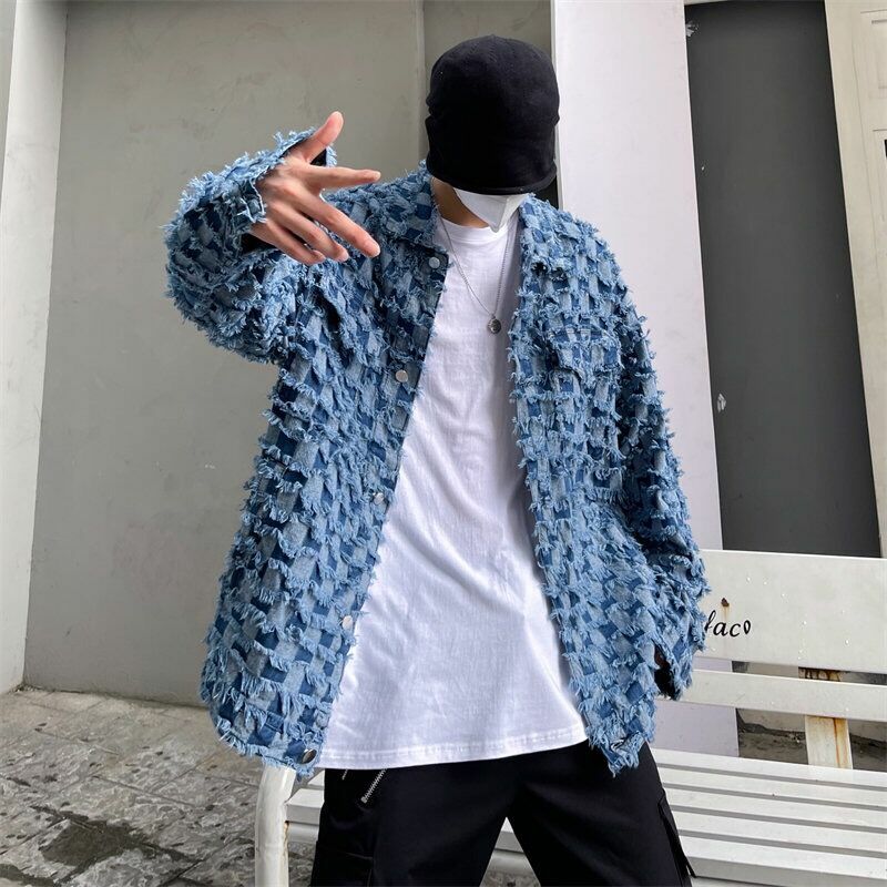 Beggar Styles Checkerboard Frayed Demin Men's Coat Plaid Vinatge Tassel Vibe Jackets Ins Streetwear Punk Hip Hop Chic Coats