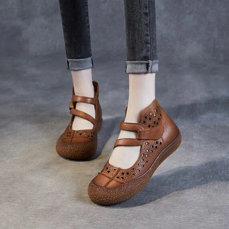 DRKANOL 2024 scarpe estive di Design di lusso stile letterario stivaletti piatti traspiranti con punta tonda in vera pelle per le donne