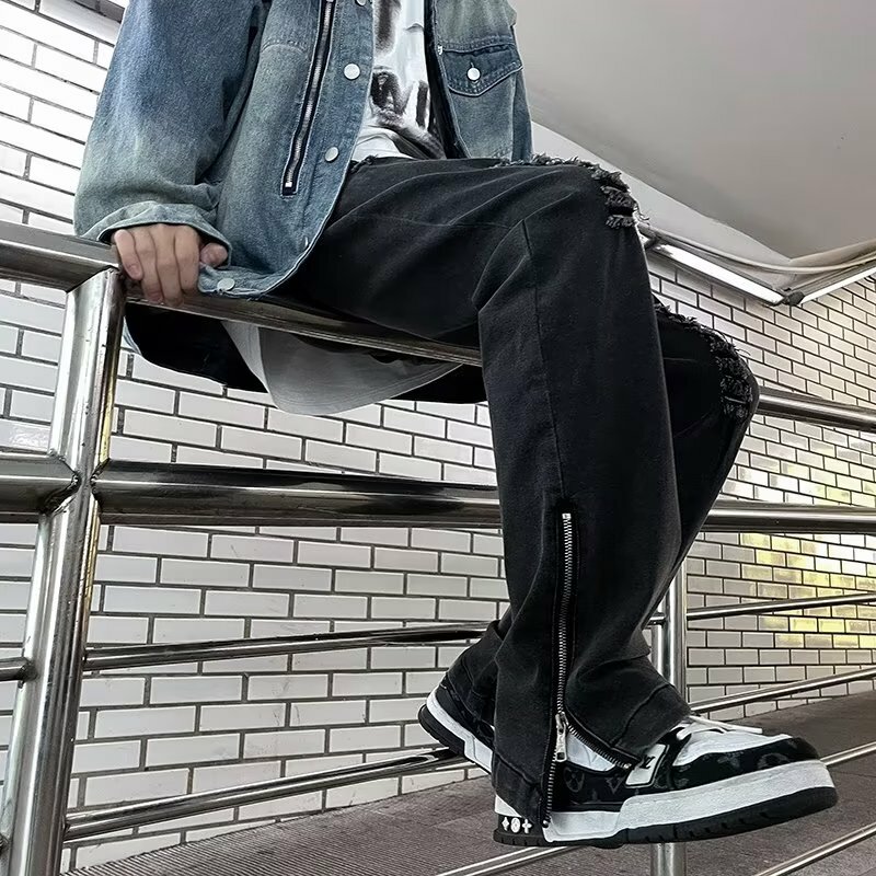 Jeans uomo strappato a figura intera stile Preppy giapponese Streetwear primavera autunno cerniere Hipster minimalista Slouchy vitalità giovanile