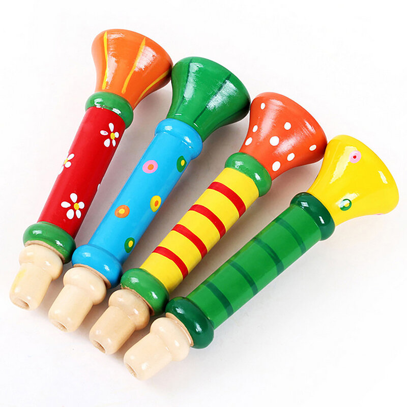 1Pc Wooden Cartoon Children Toy Horn Whistle Musical Instrument For Kids Early Educational Montessori Toys Sound Training Games