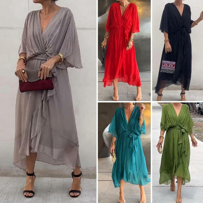 Spring V Neck Loose Long Irregular Dress Women Sexy Lace-up Pleated Bohemian Dress Summer Batwing Sleeve Solid A-Line Maxi Dress