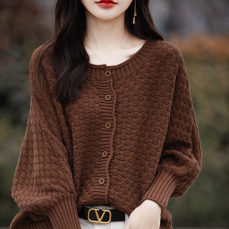Neue Modelle Frauen gestrickt 100% Baumwolle Strickjacke Rundhals ausschnitt Laterne Ärmel verdickte Version hochwertige locker sitzende Strickjacke