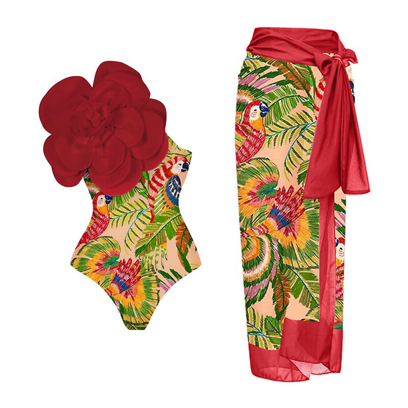 Ensemble de maillot de bain à imprimé floral à volants pour filles, cover-up une pièce, monokini sexy, micro, bleu, plage d'été