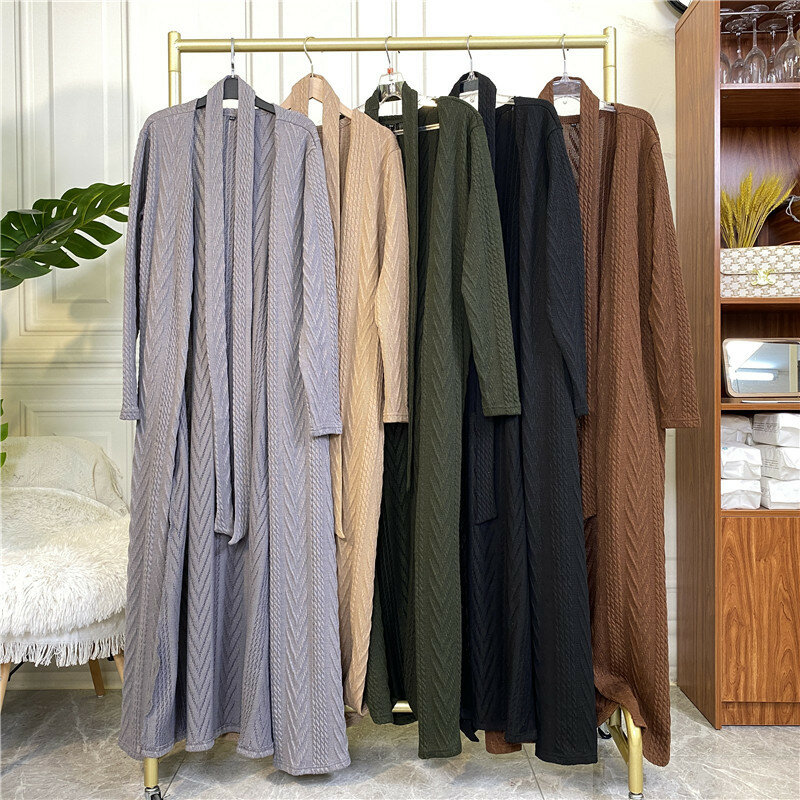 Wepbel-suéteres Abaya abiertos para mujer, cárdigan musulmán de punto con bolsillos, abrigo grande, Kimono, caftán, Otoño e Invierno