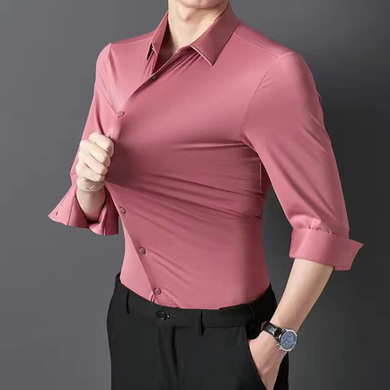 Men's Short sleeve summertime shirt High elastic and traceless cotta new long-sleeved  slim spandex non-ironing business leisure