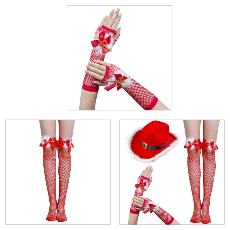 Sombrero medias red, guantes muñeca con plumas, accesorios para fotos, fiesta Navidad, envío directo