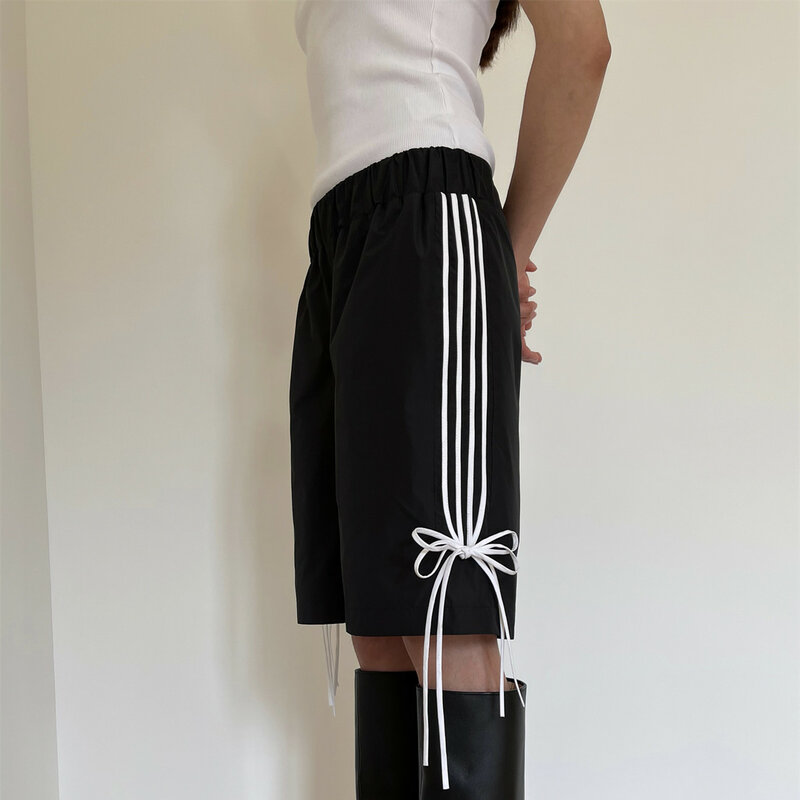 Gaono Women Stripes Ribbon Baggy Track Short Pants Bow Straight Wide Leg Sweatpants Elastic Waist Jogger Trousers Streetwear