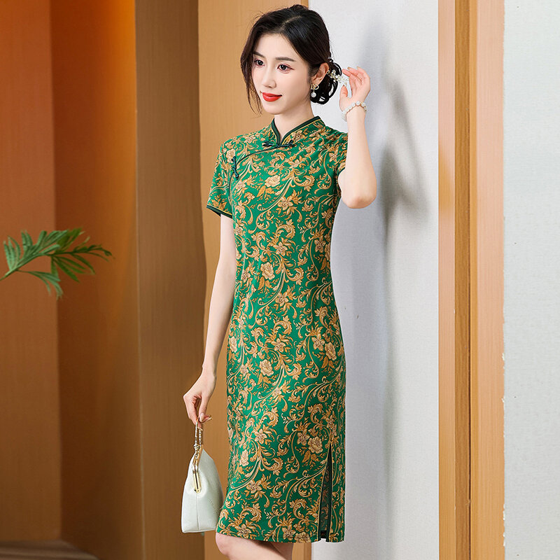 summer Women cheongsam Dress Female short sleeve Dress Casual Print middle-aged Vintage Dress