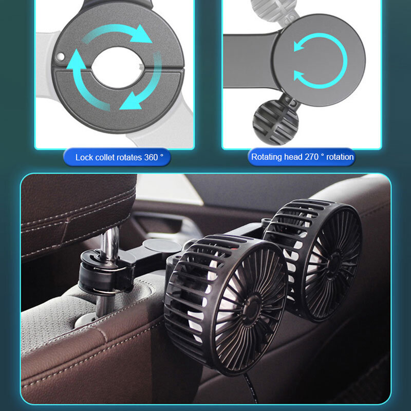 360 Degree Rotation Car Seat Back Cooling Fan with Dual Heads, USB Charging, and Auto Headrest Ventilation