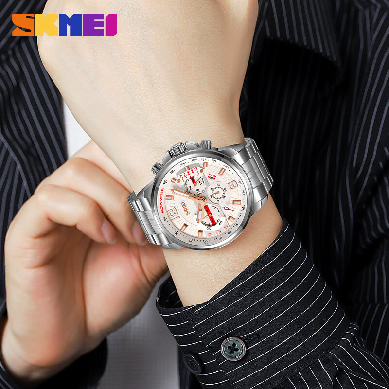 SKMEI-ساعة يد كوارتز من الفولاذ المقاوم للصدأ للرجال مع ساعة توقيت للتاريخ ، ساعة مضيئة ، أزياء فاخرة أصلية