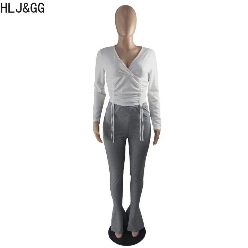 HLJ&GG Casual V Neck Long Sleeve Drawstring Top + Flared Pants Tracksuit Women Solid Color Tracksuits Autumn Casual 2pcs Outfits