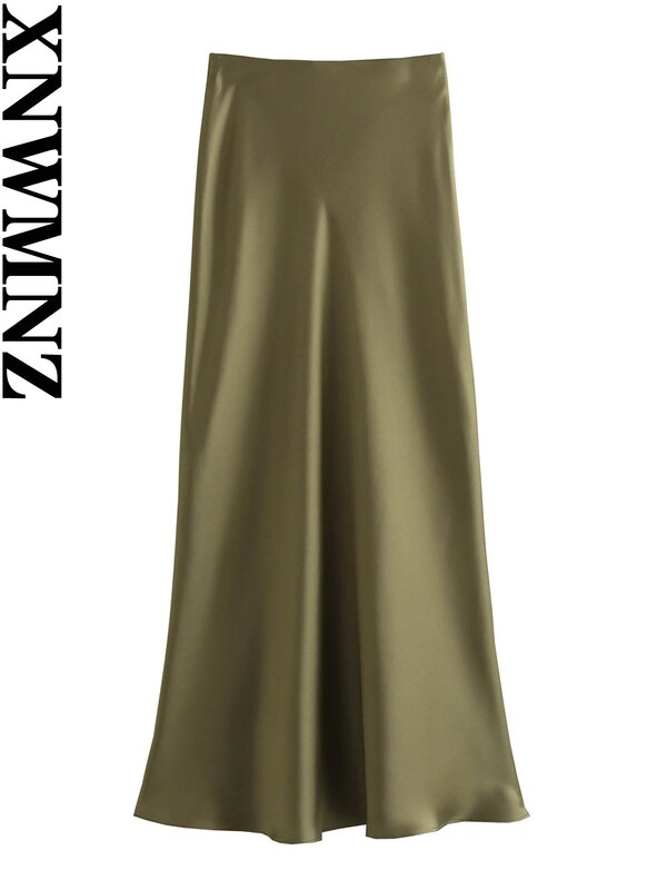 XNWMNZ Women's Fashion 2023 Flowing Satin Midi Skirt Women Vintage Elastic High Waist Flared hem High Street Female Skirt