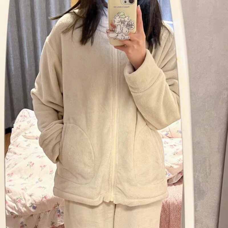 Pijama de manga comprida feminino, terno doméstico quente solto, cor sólida, lazer sênior, veludo coral, nova moda, outono e inverno, 2023