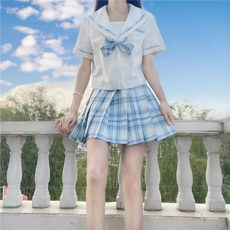 [Shinazugawa] Formal JK Uniform Anime Girls Short Sleeve High Waist Pleated Skirts Blue Plaid Skirt Women Dress School Uniform