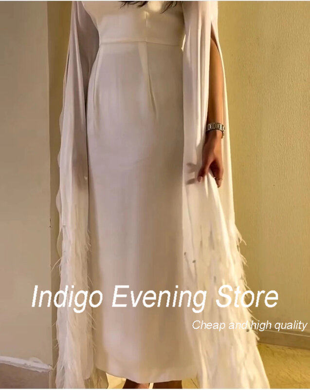 Indigo-O-Neck فستان سهرة بأكمام طويلة للنساء ، طول الكاحل ، ريش ، خرز ، فستان رسمي للحفلات ، حفل ، 2024