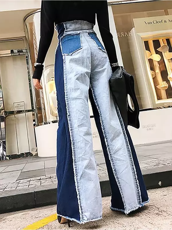 Джинсы женские с завышенной талией, винтажные брюки из денима в стиле пэчворк, с широкими штанинами, в стиле пэчворк, повседневные уличные штаны