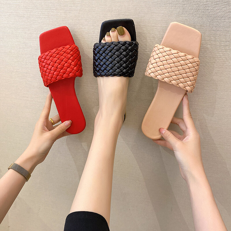 Women's Slippers PU Flat Slides Summer Shoes Women Fashion Gingham Square Toe Slip-On Slippers Beach Sandals Casual Ladies Shoes