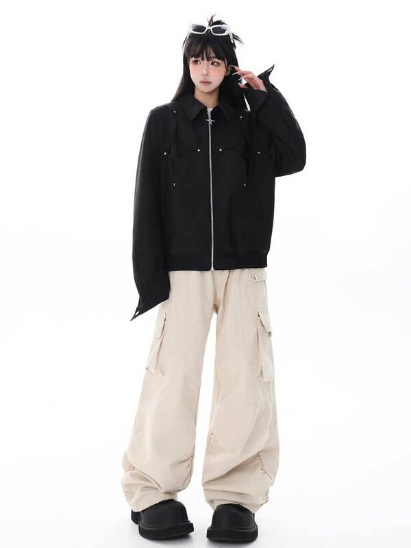 REDDACHiC-Blusão com zíper para mulheres, preto sólido, ombro acolchoado, jaqueta bomber solta, mangas compridas, casaco de estrela oco, streetwear, Y2K
