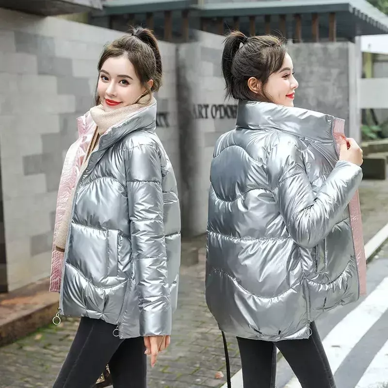 Parka feminina lustrosa para inverno, gola alta, parkas acolchoadas de algodão casual, casaco quente para neve, novo, 2022