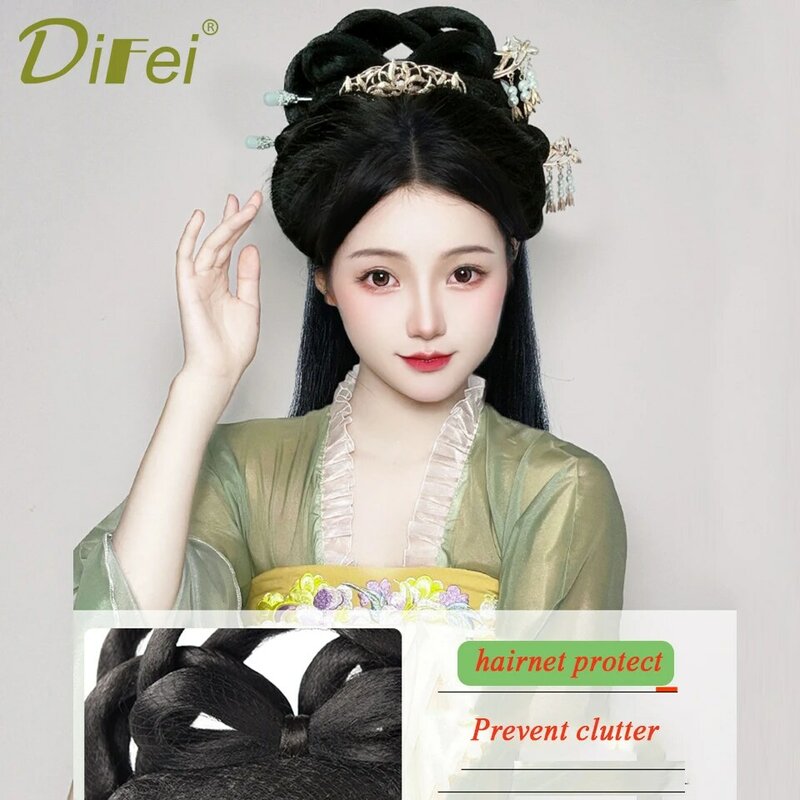 Synthetic China features Hanfu costume wig bun  and long hair with chignon half head headband Wig